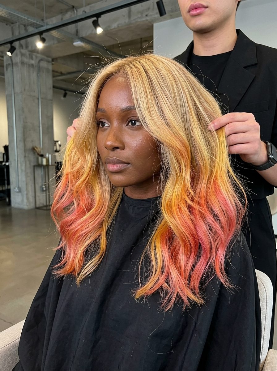 Energetic Sunset Strawberry Dip-Dye 2026 long sunset strawberry dip-dye with yellow, orange, and pink ends, dip-dye, no fringe — energetic music festival
