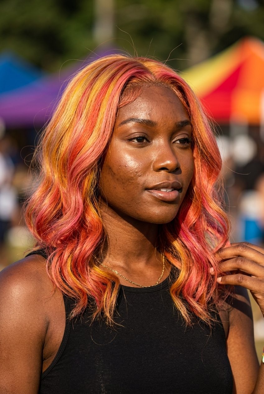 Sunset Strawberry Foilayage 2026 long foilayage strawberry blonde hair color with sunset yellow, orange, pink tones, multi-tonal blend — artistic festival style