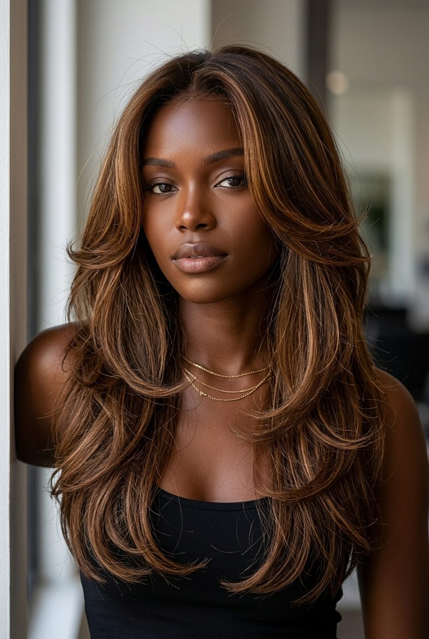 Syrup Brown Butterfly Cut 2026: Glamorous Volume long syrup brown butterfly cut with translucent golden highlights and face-framing layers for glamorous volume