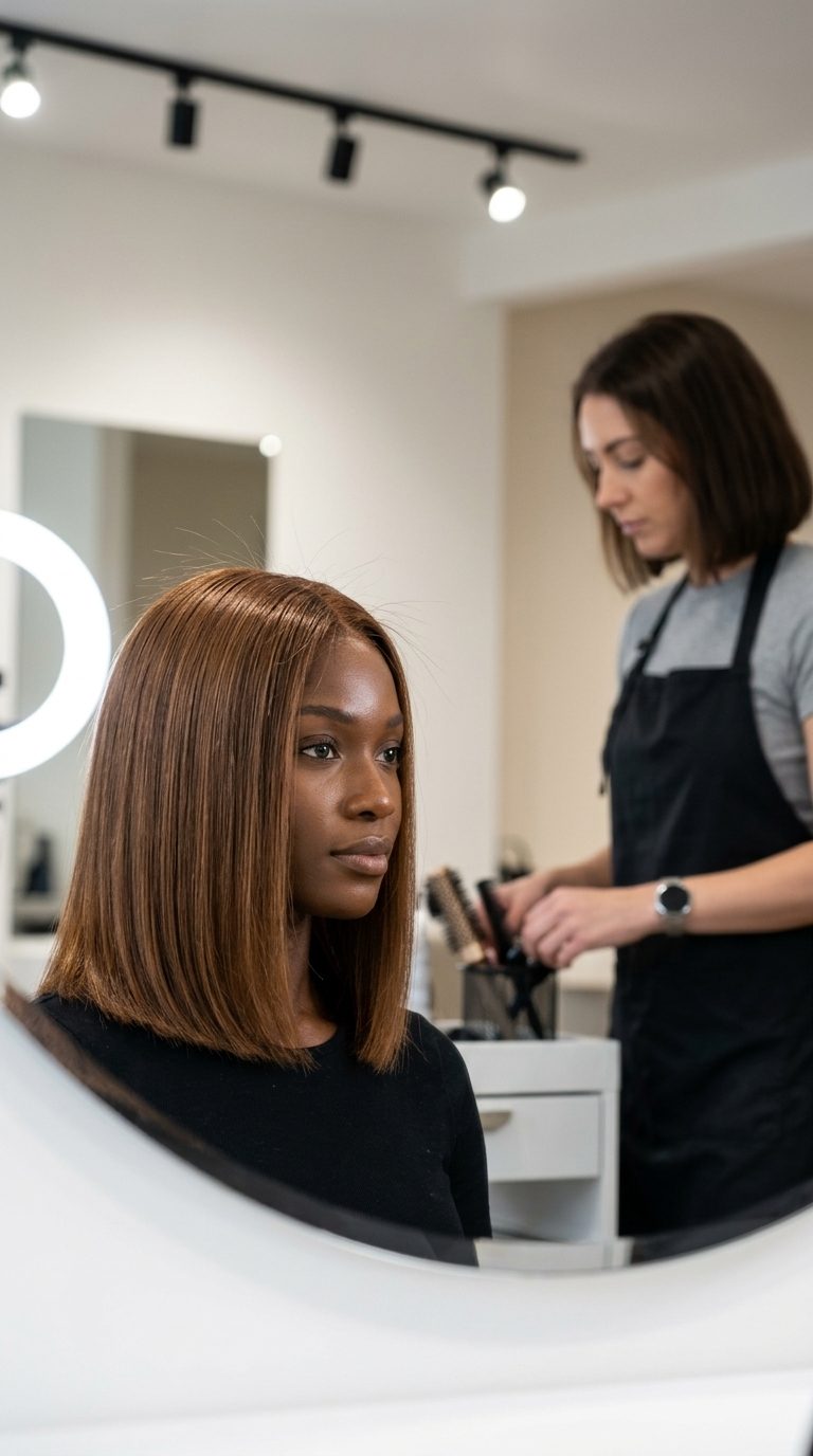 Syrup Brown Lob Hair 2026: Elegant & Glossy shoulder-length blunt lob syrup brown hair with amber caramel gloss, glass hair finish for summer
