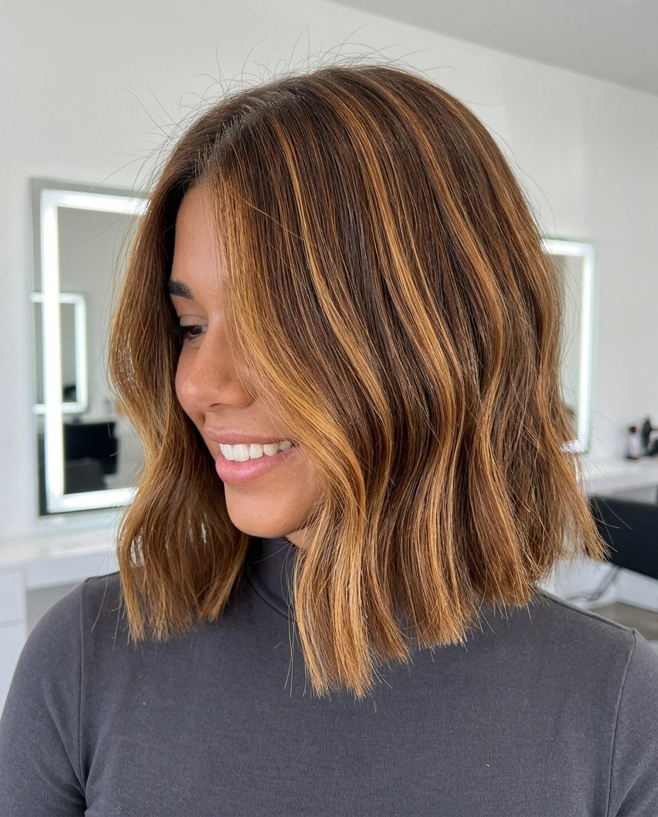 chin-length bob with syrup ribbons, face-framing pieces, dimensional shine — sweet