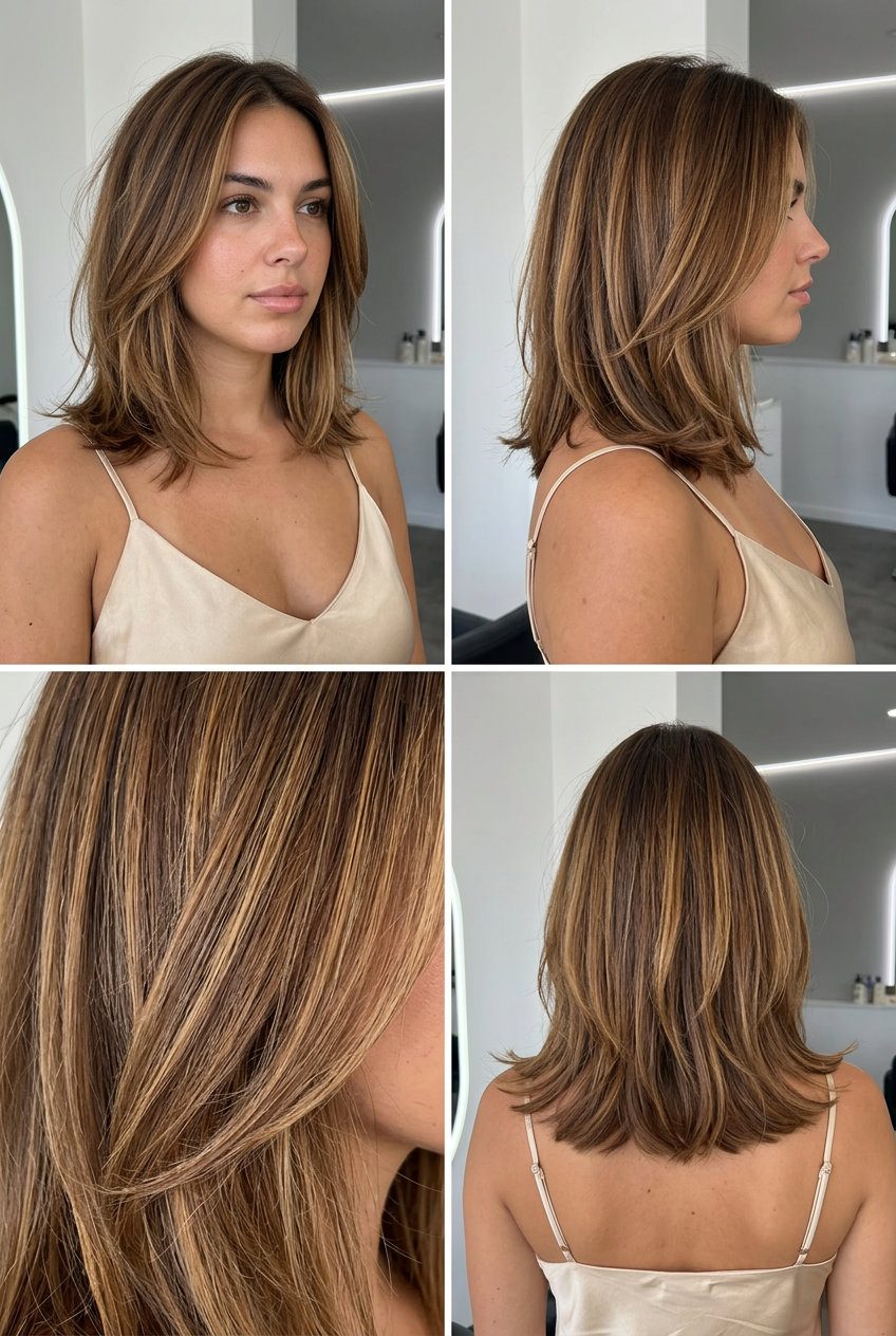 collarbone-length lob haircut with syrup brunette and caramel balayage, internal texturizing layers, sweeping curtain bangs — relaxed date night