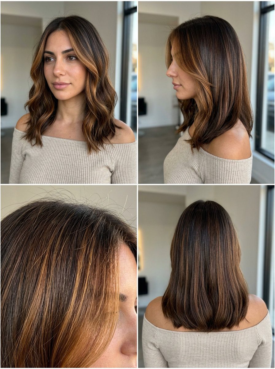 long syrup brunette face-framing with amber-caramel highlights, money piece, no fringe — radiant daily
