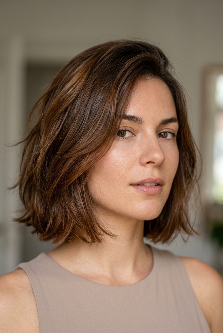 Effortless Syrup Bob 2026 medium syrup brunette bob with golden-red undertones, caramel mid-lights and face-framing layers for summer