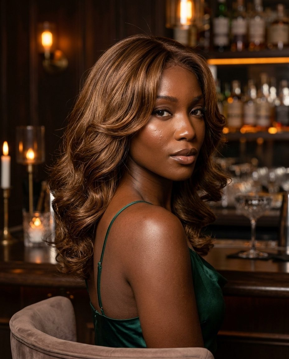 Syrup Brunette Wavy Butterfly Midi 2026 medium butterfly midi wavy haircut in syrup brunette with caramel ribbons, voluminous top layers, swept-away face-framing — glamorous date night look