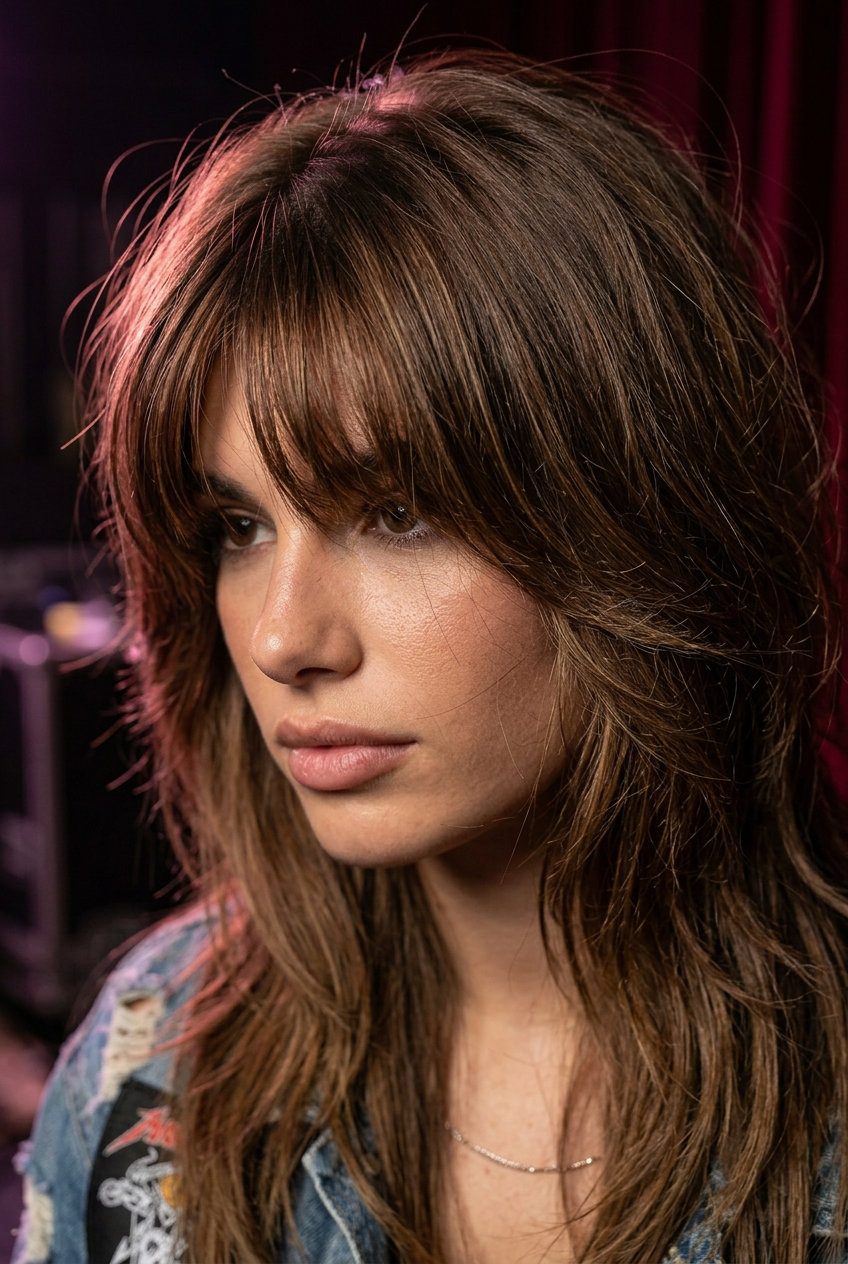 medium-length shag haircut with rich syrup brunette, choppy textured layers, brow-skimming fringe — edgy festival style