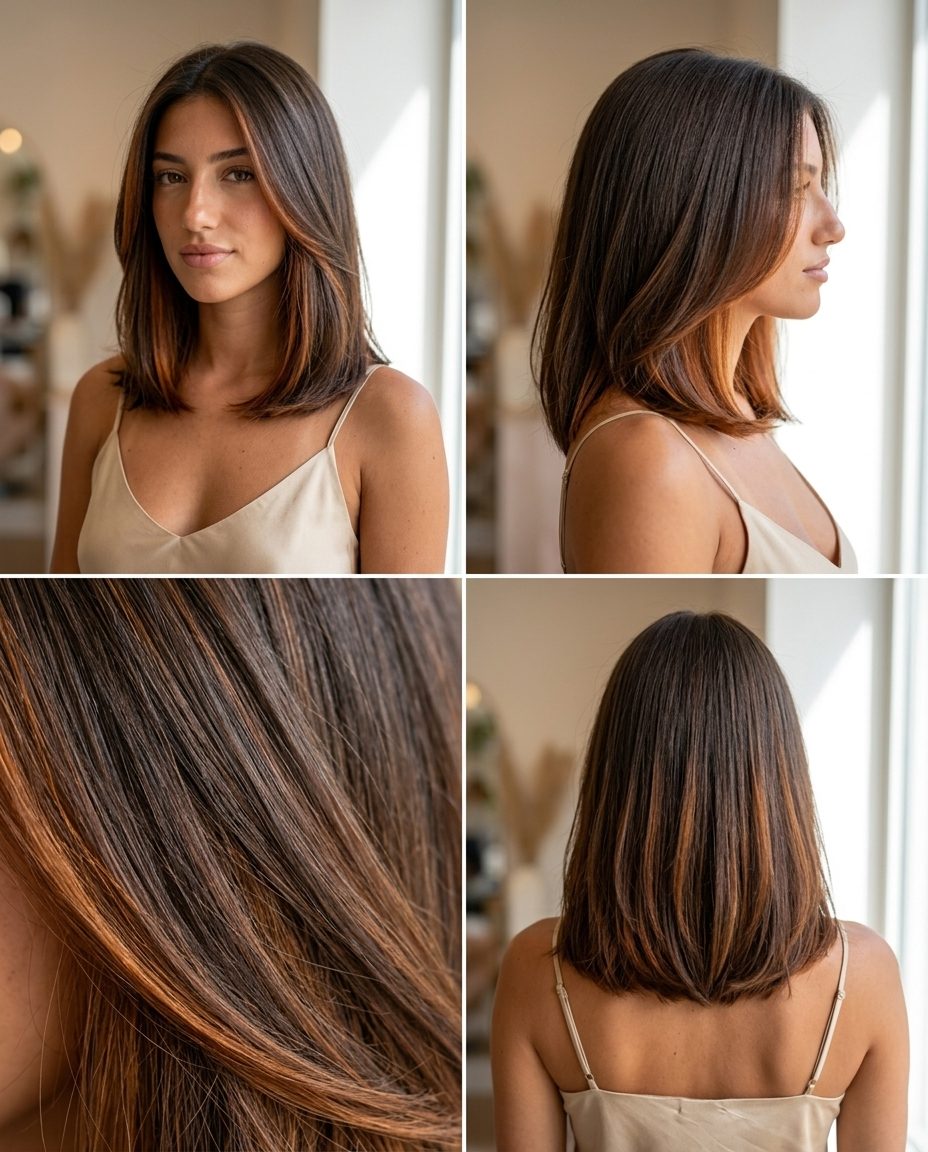 long syrup brunette peekaboo with amber highlights, hidden color, no fringe — playful date night