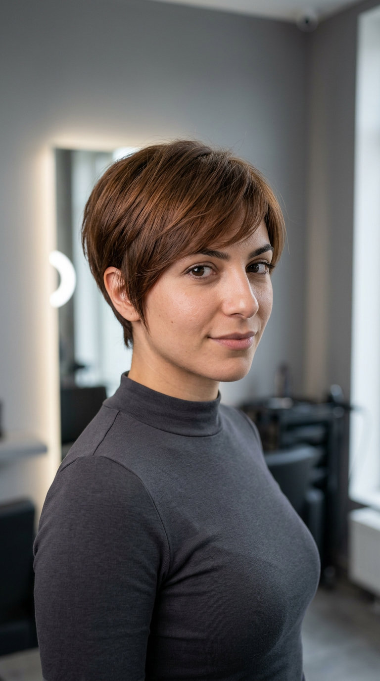 short pixie crop with syrup brunette color, feathered edges, side-swept fringe — edgy