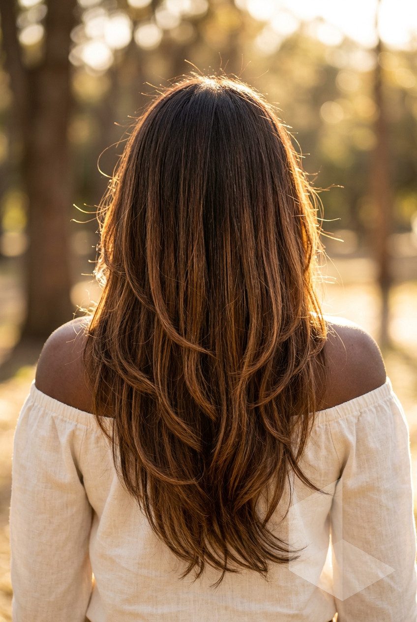 waist-length syrup brunette with golden amber balayage and cascading layers for beach vacations