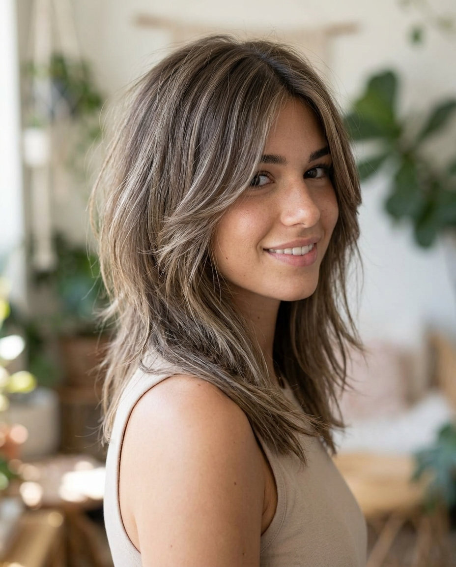 medium shaggy butterfly haircut in taupe balayage with beige-grey highlights, bottleneck fringe — effortless bohemian