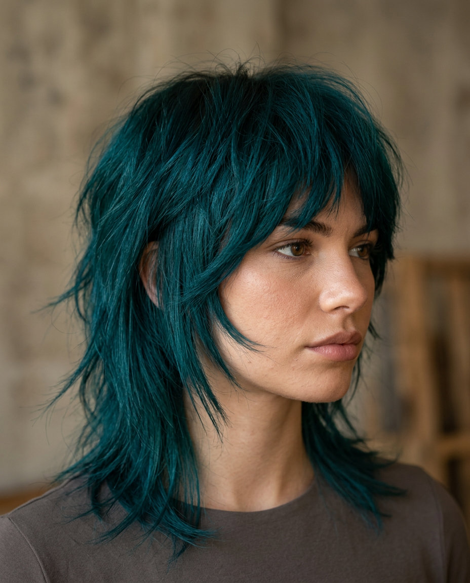 medium layered butterfly haircut in deep teal blue-green, shag elements, bottleneck fringe — edgy