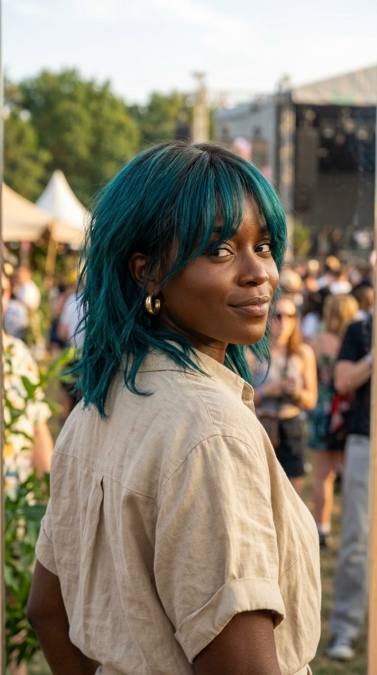 Edgy Teal Shag Bob 2026 medium teal shag bob with sapphire emerald dimension, razor-cut layers and curtain bangs for summer