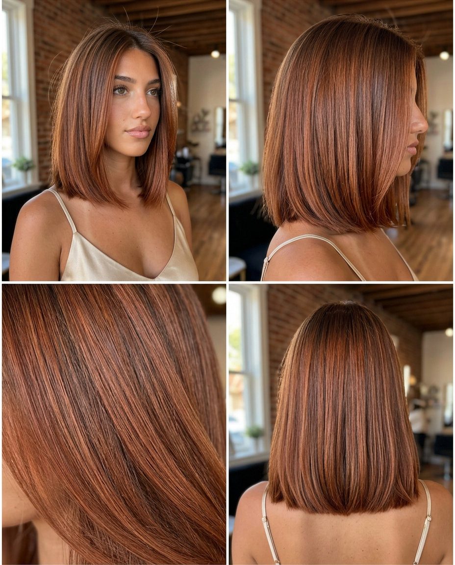 shoulder-length blunt lob with terracotta and cinnamon lowlights for summer 2026
