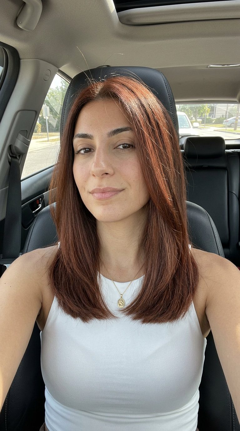 long terracotta brown all-over color with deep chocolate and copper-red reflects for summer