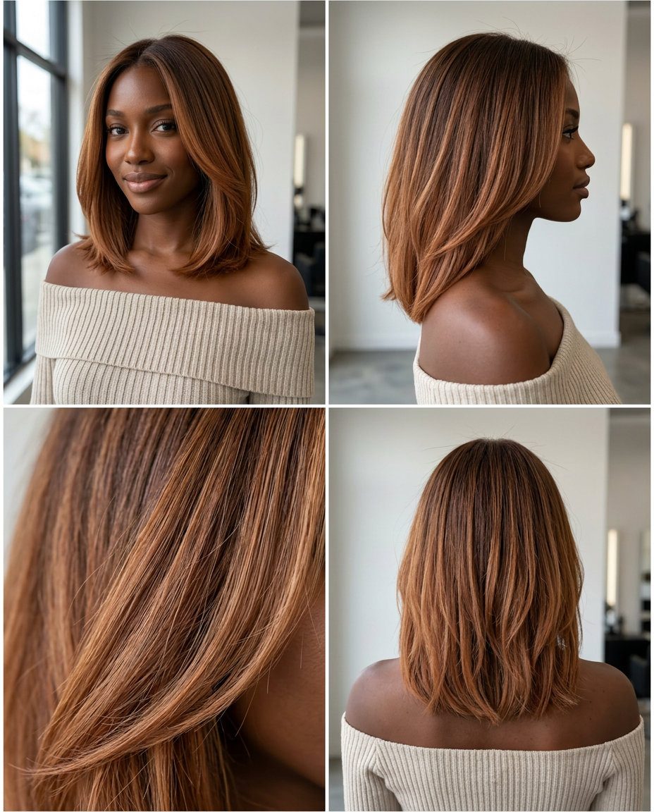 long textured balayage with terracotta clay auburn, earthy tones, bohemian mood