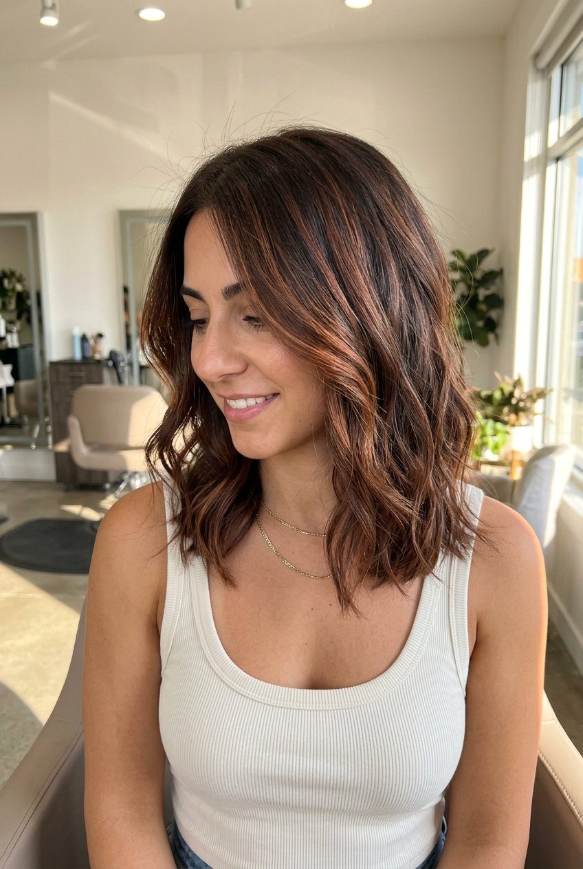 long balayage terracotta brown with deep chocolate base and clay-red highlights for summer