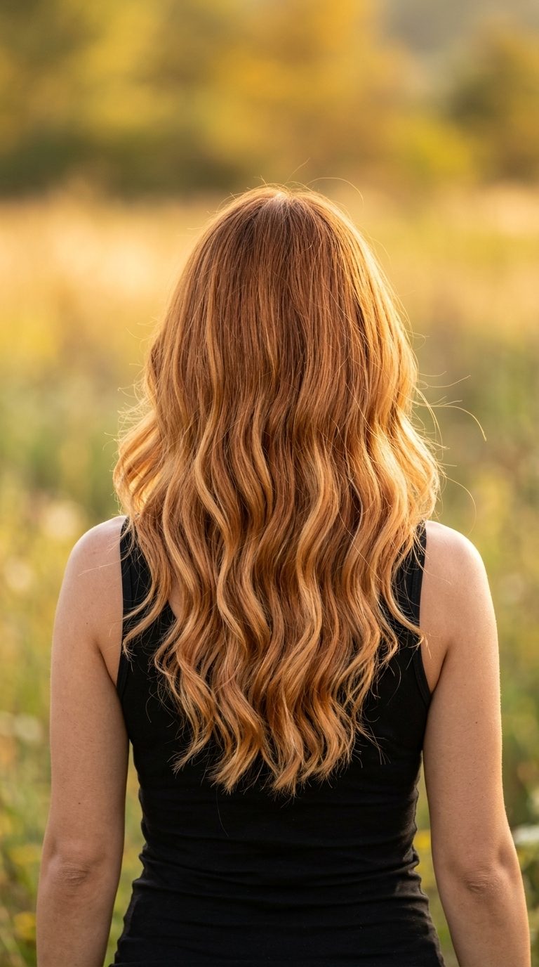 Terracotta Ombré Waves 2026: Boho Chic long layered terracotta ombré with warm terracotta and golden copper, freehand ombré technique — bohemian festival day