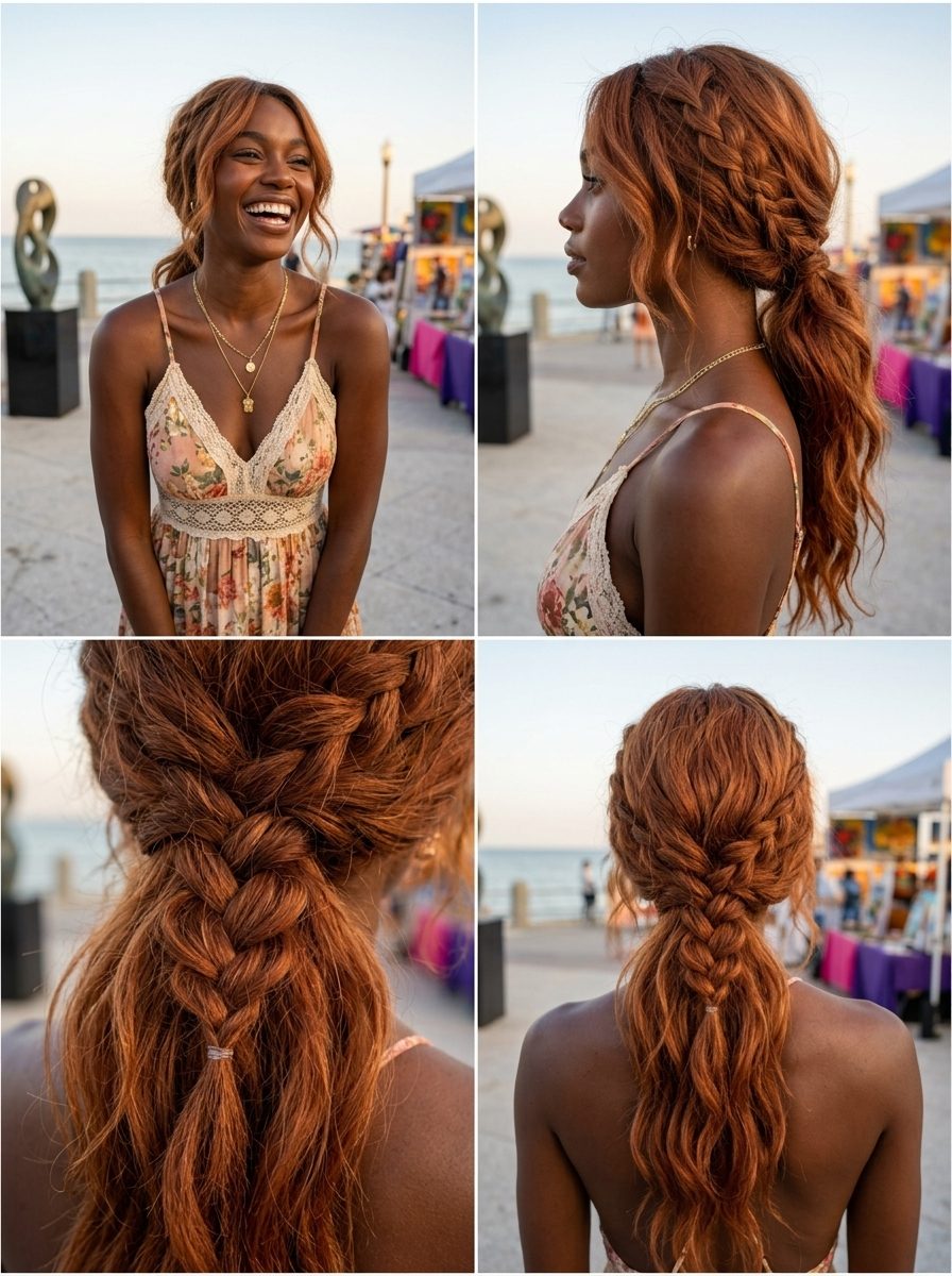long sun-baked terracotta shag with braids, low ponytail for summer