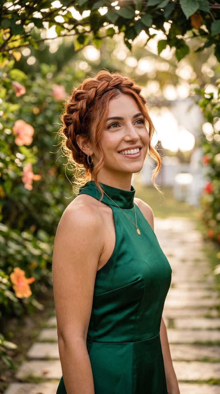 long sun-baked terracotta shag haircut with gold flecks, deconstructed crown braid — romantic elegant