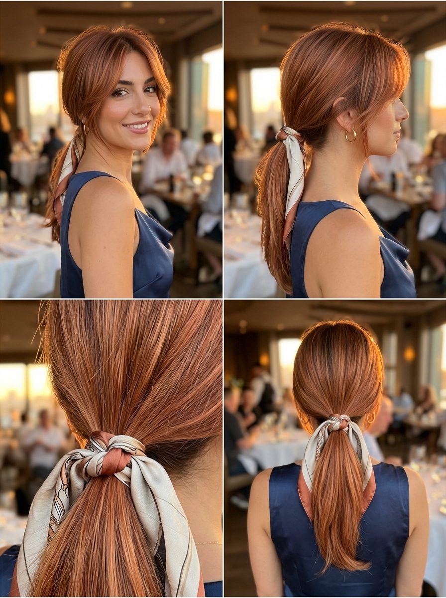 long sun-baked terracotta shag haircut, low ponytail with scarf — elegant chic