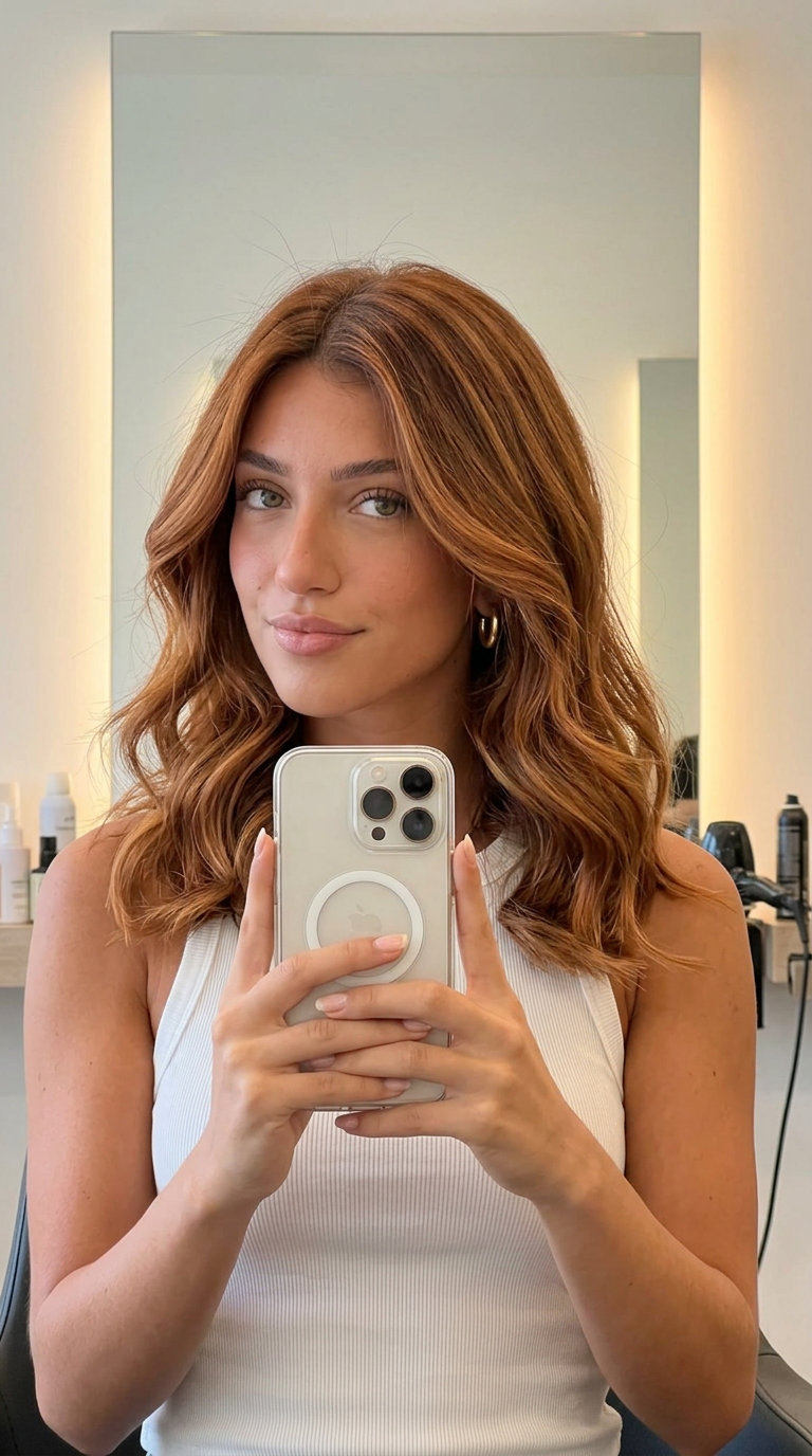long layered auburn balayage with toasted copper & golden-red tones, face-framing highlights