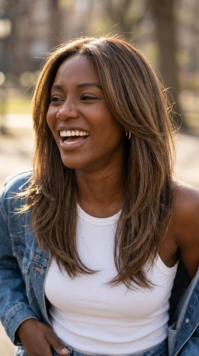 Toasted Walnut Layers 2026: Effortless Chic long toasted walnut layered haircut with subtle beige undertones and face-framing pieces for effortless chic
