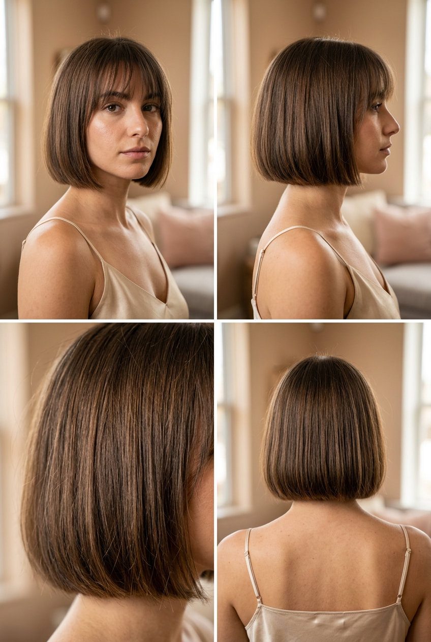 Toasted Walnut French Bob Hair 2026: Classic & Chic short french bob toasted walnut brown hair with balanced undertones, wispy fringe for summer