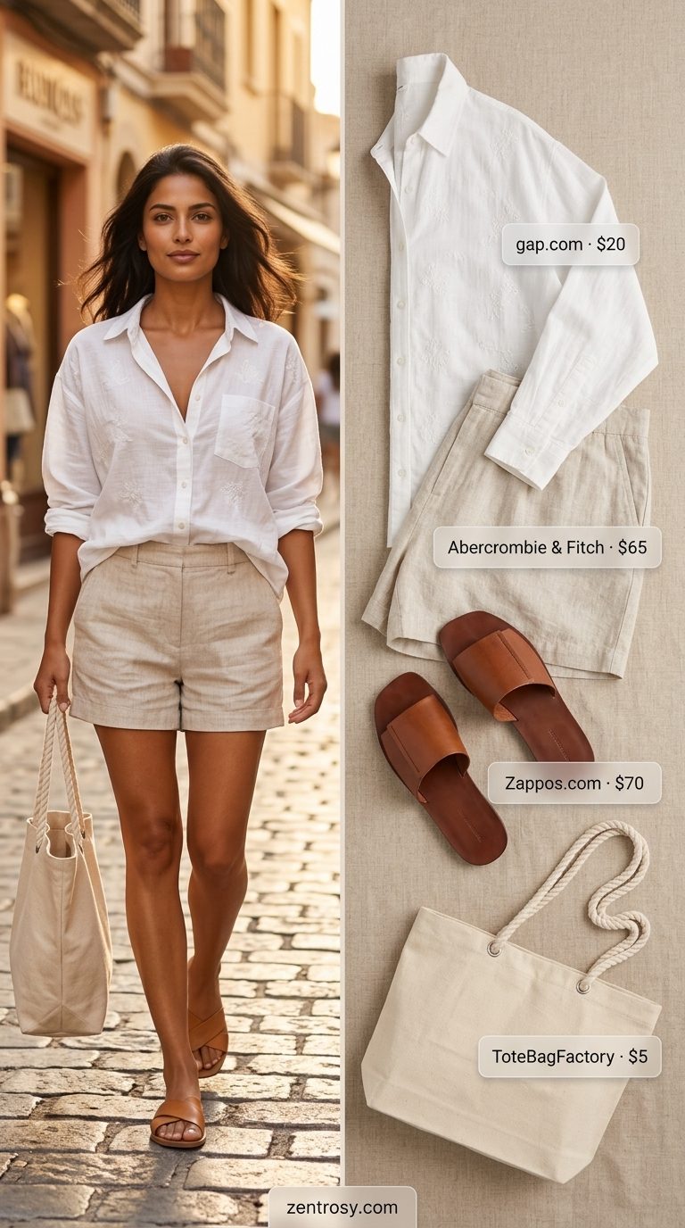 Natural beige linen shorts with oversized white shirt for beach days. Trending summer fashion outfits for women 2026.