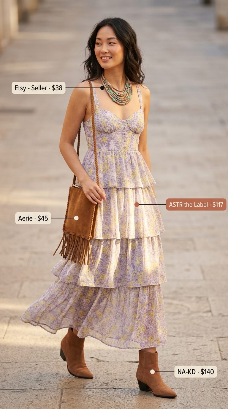 Bohemian maxi dress, fringe bag, and layered necklaces for trending summer fashion outfits for women 2026.