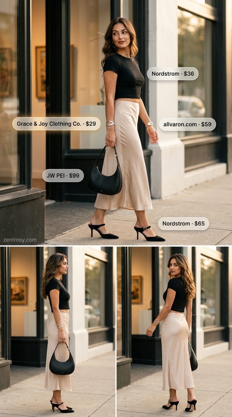 Champagne satin midi skirt paired with a black knit top for day to night. Trending summer fashion outfits for women 2026.