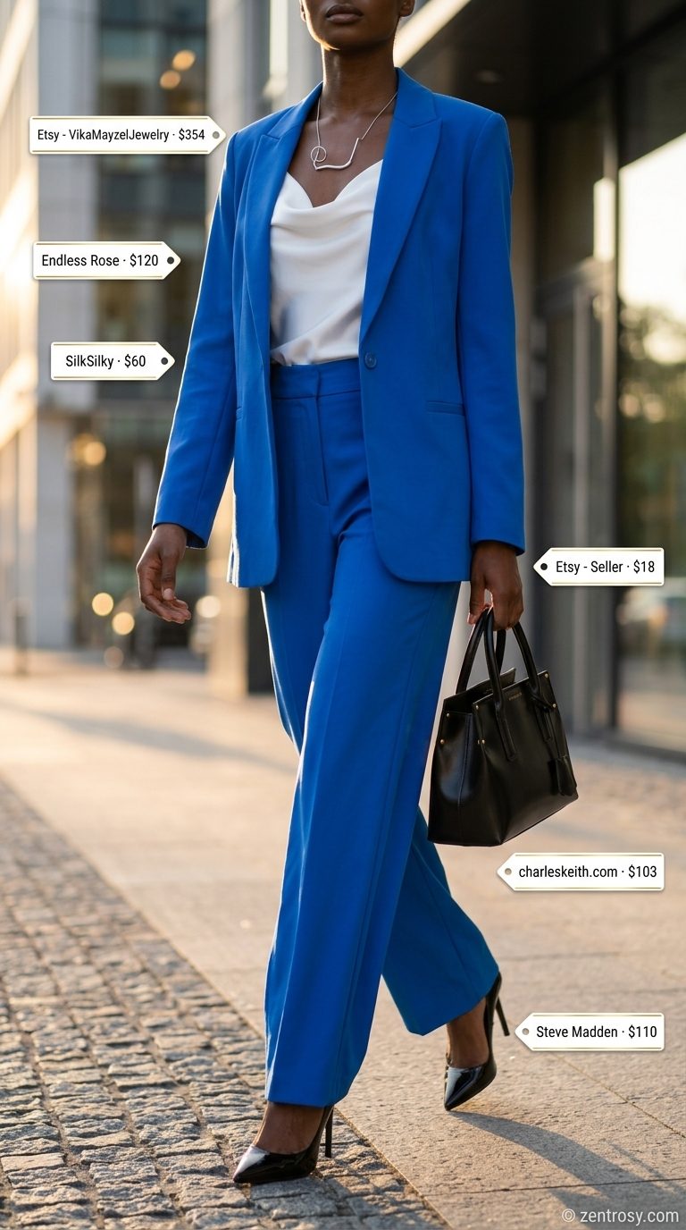 Cobalt blue power suit for women: blazer, wide-leg pants, camisole. Trending summer fashion outfits for women 2026.