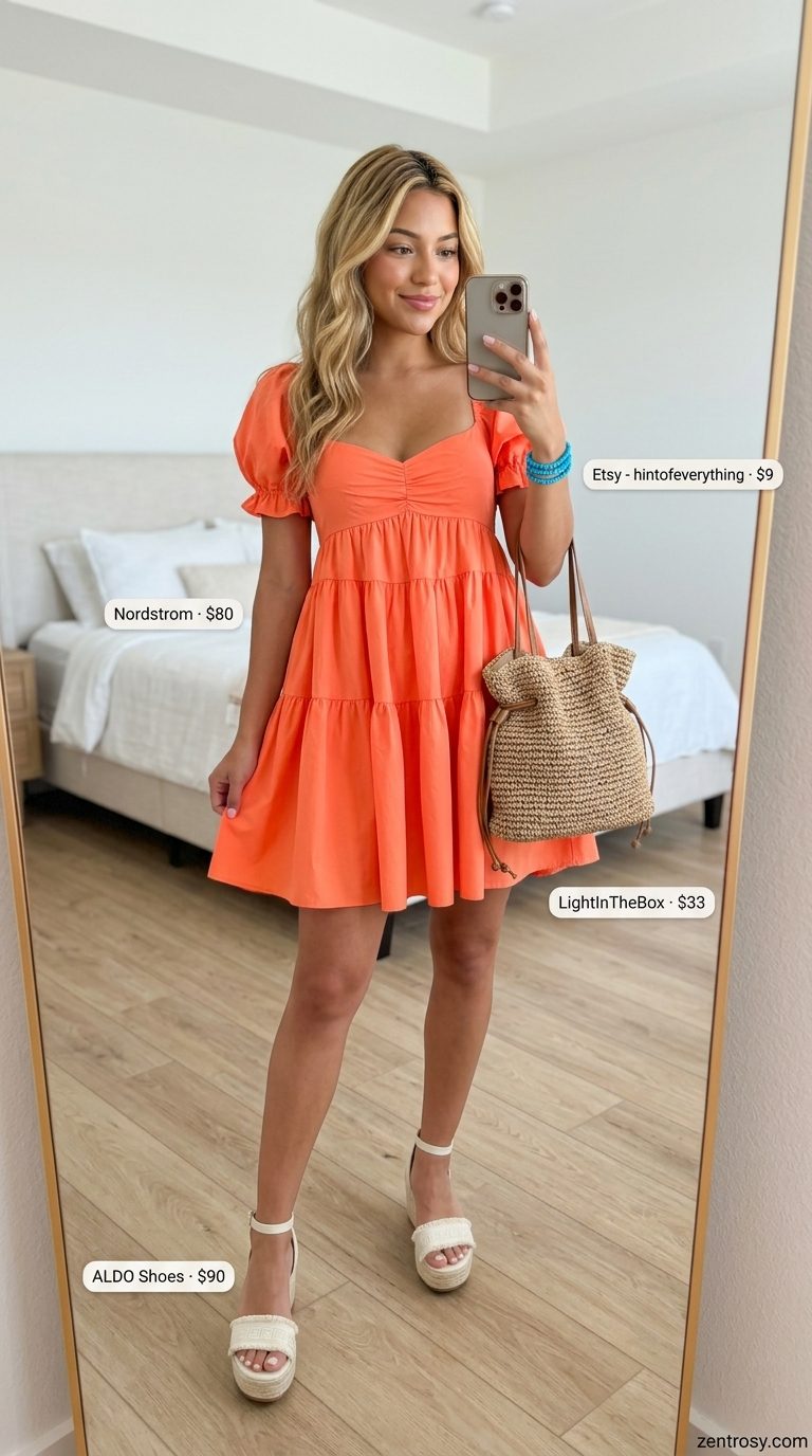 Coral floral mini dress with puff sleeves for picnics. Trending summer fashion outfits for women 2026.