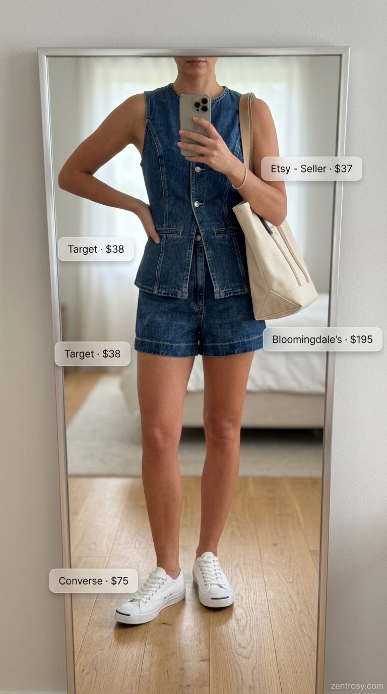 Denim shorts set, white sneakers & canvas tote for trending summer fashion outfits for women 2026.