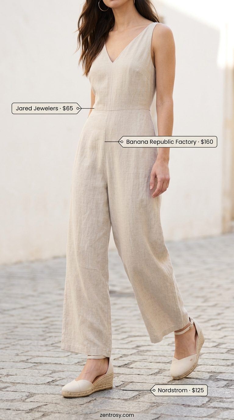 Stone beige wide-leg jumpsuit, espadrille wedges, and crossbody bag for trending summer fashion outfits for women 2026.