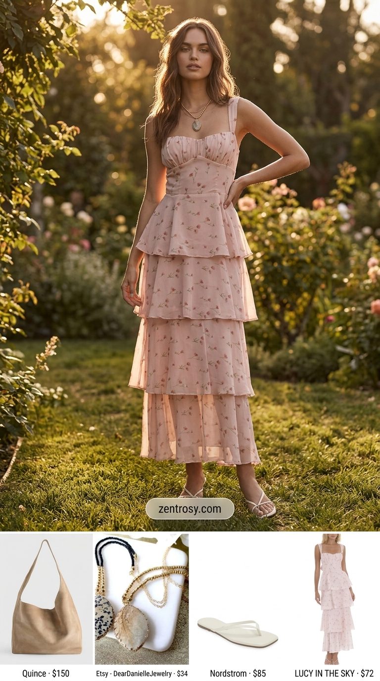 Dusty rose floral maxi dress, cream sandals & suede bag for trending summer fashion outfits for women 2026.