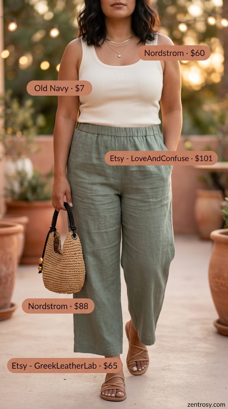 Sage green linen pants, cream tank & straw crossbody for trending summer fashion outfits for women 2026.