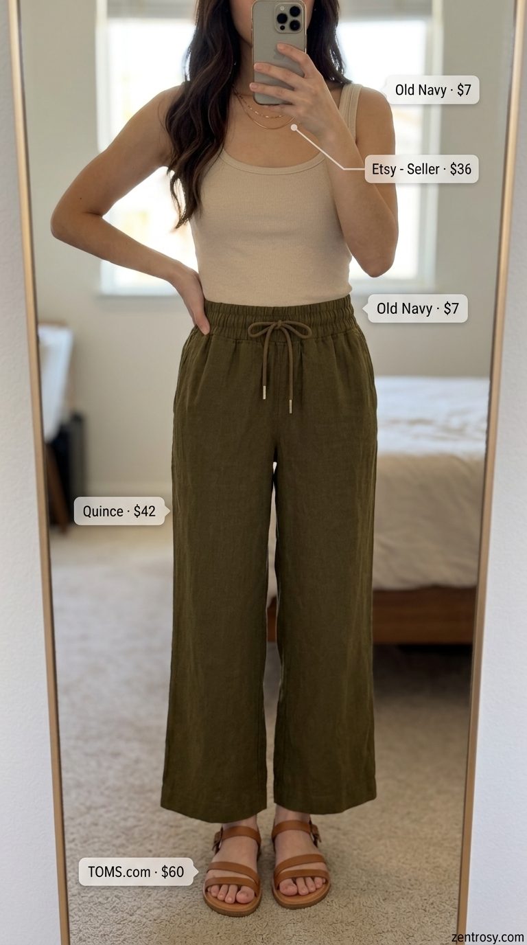 Sage green linen pants, cream tank & straw crossbody for trending summer fashion outfits for women 2026.