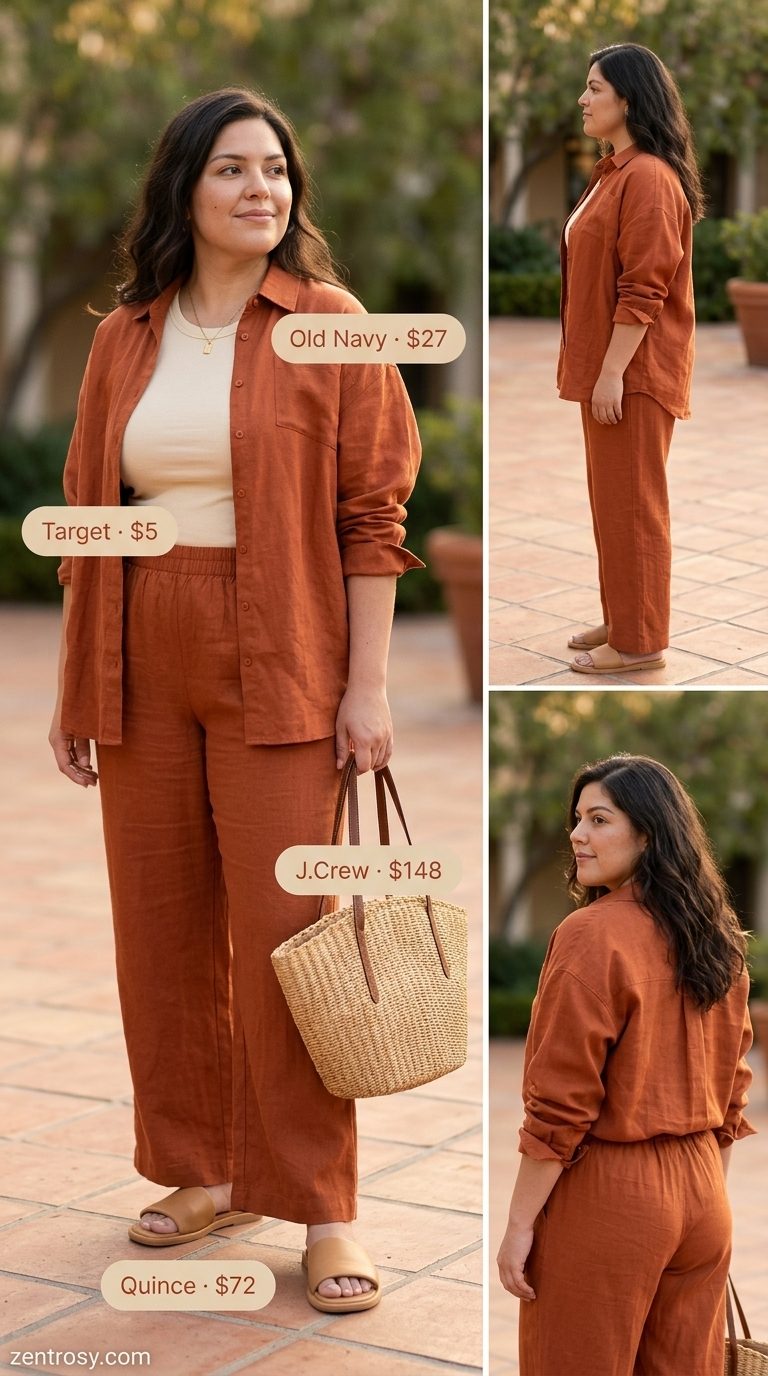 Terracotta linen set, cream tank & straw tote for trending summer fashion outfits for women 2026.