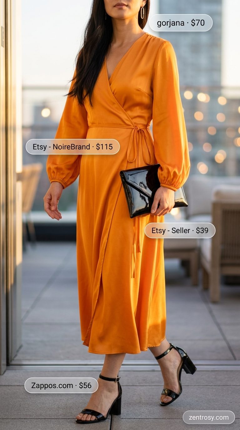 Mango orange satin wrap dress for rooftop dinners. Trending summer fashion outfits for women 2026.