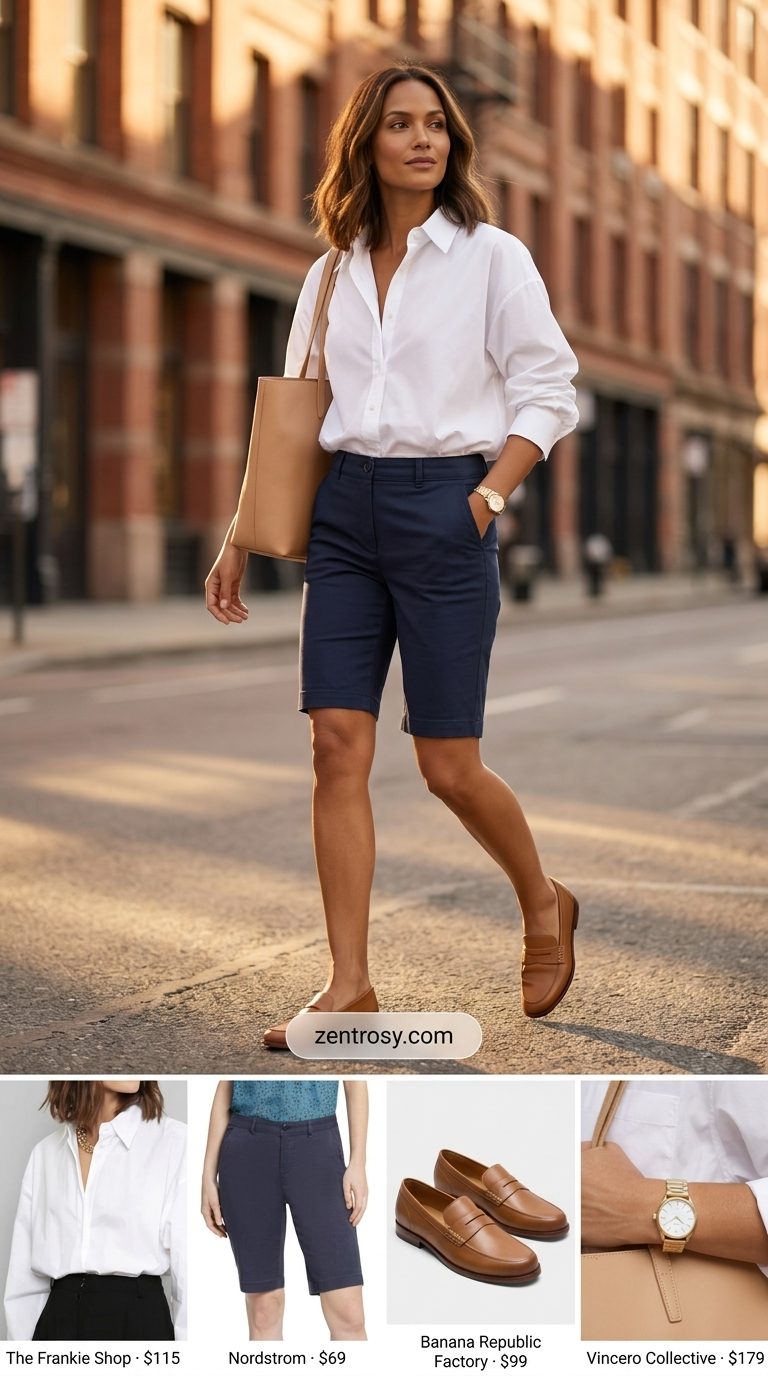 Navy Bermuda shorts with white oversized shirt for smart casual. Trending summer fashion outfits for women 2026.