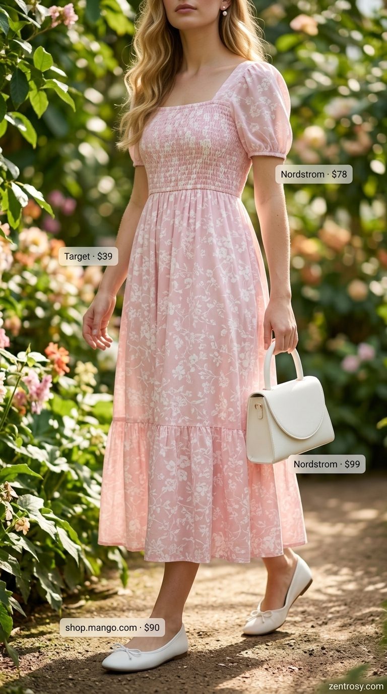 Pastel pink floral puff sleeve dress, ballet flats, and top-handle bag for trending summer fashion outfits for women 2026.