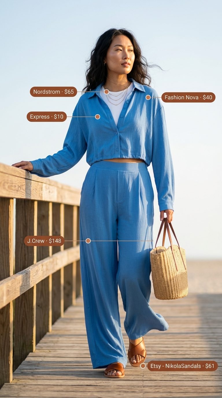 Sky blue linen set with oversized shirt and wide-leg pants. Trending summer fashion outfits for women 2026.