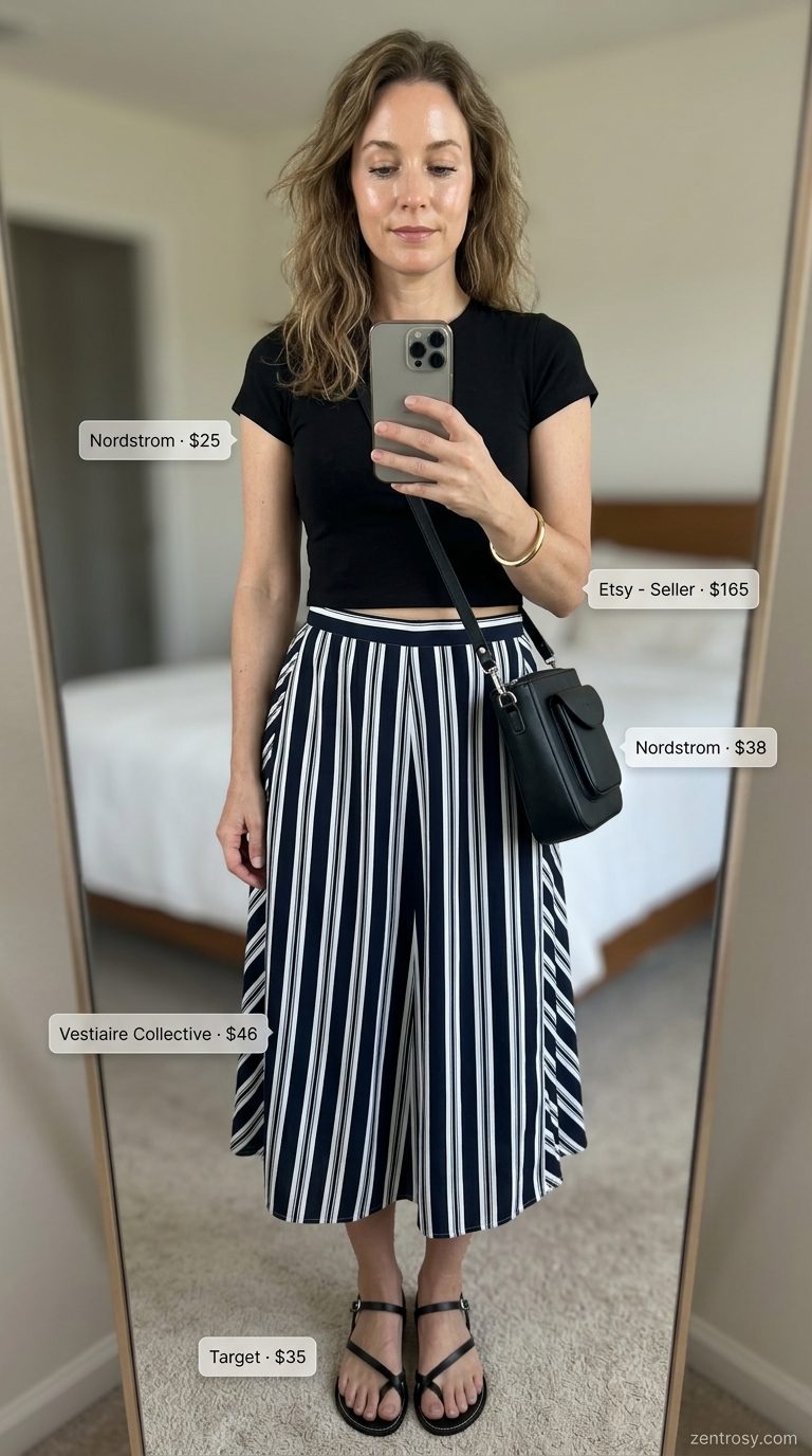 Striped midi skirt, black crop top & sandals for trending summer fashion outfits for women 2026.