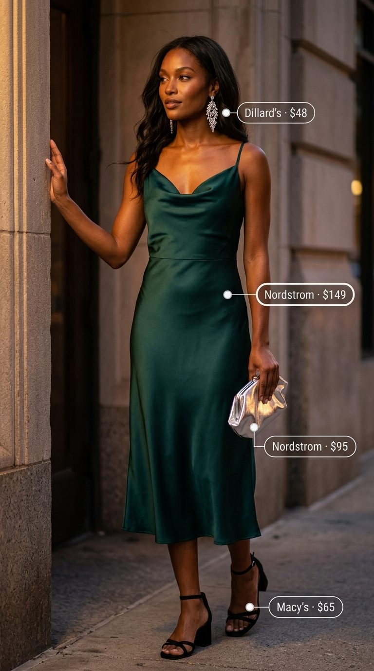 Emerald green slip dress, black heels, and silver clutch for trending summer fashion outfits for women 2026.