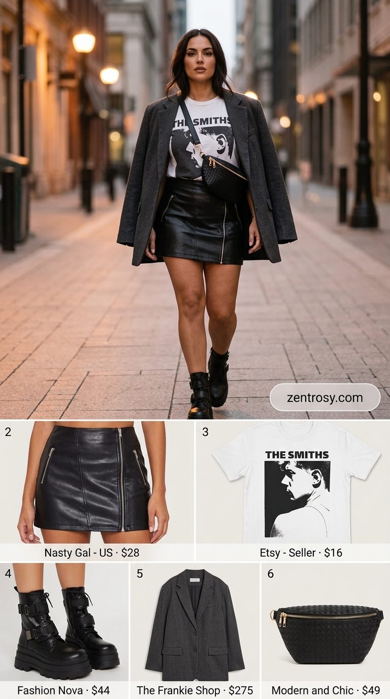 Black faux leather mini skirt, graphic tee, and combat boots for trending summer fashion outfits for women 2026.