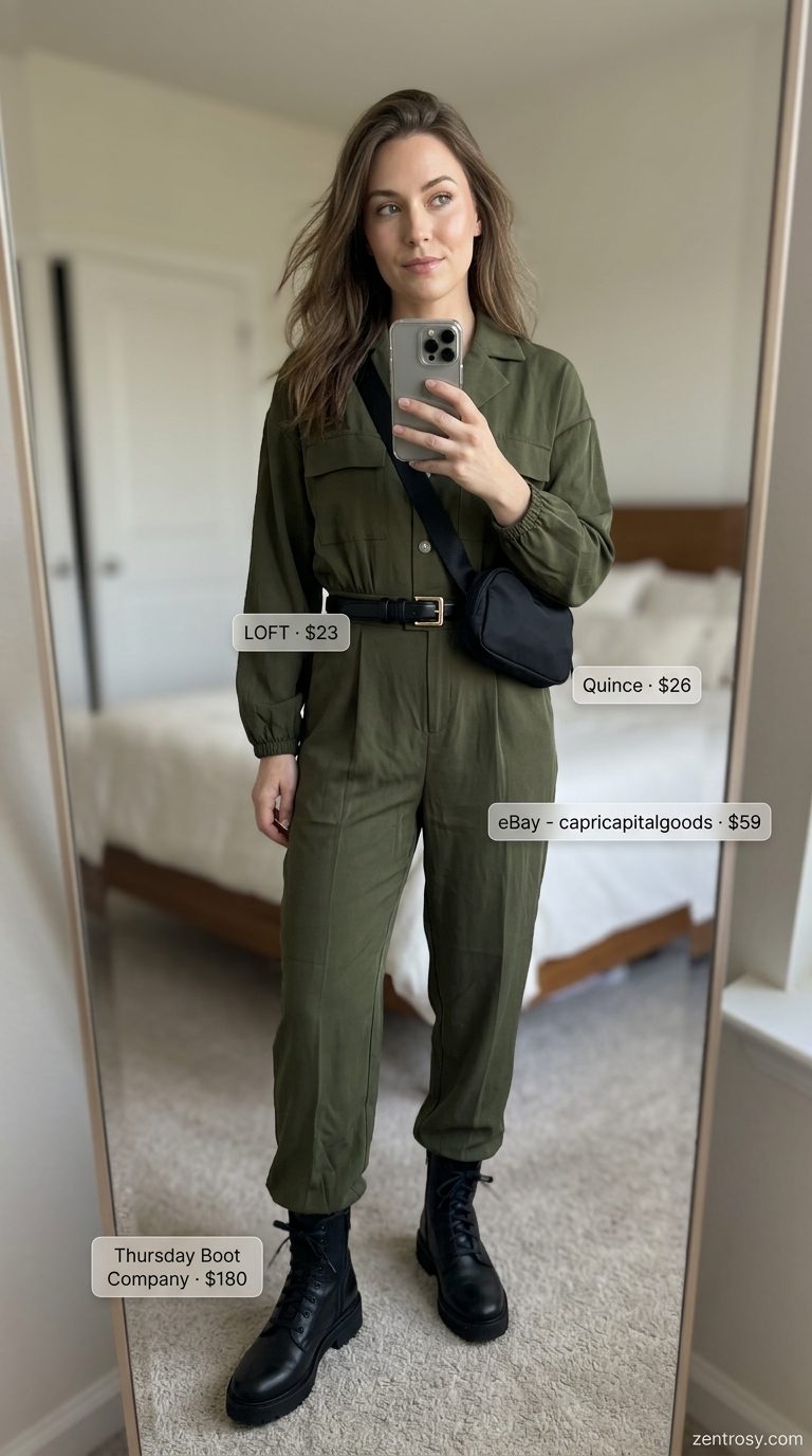 Olive green utility jumpsuit, combat boots & belt bag for trending summer fashion outfits for women 2026.