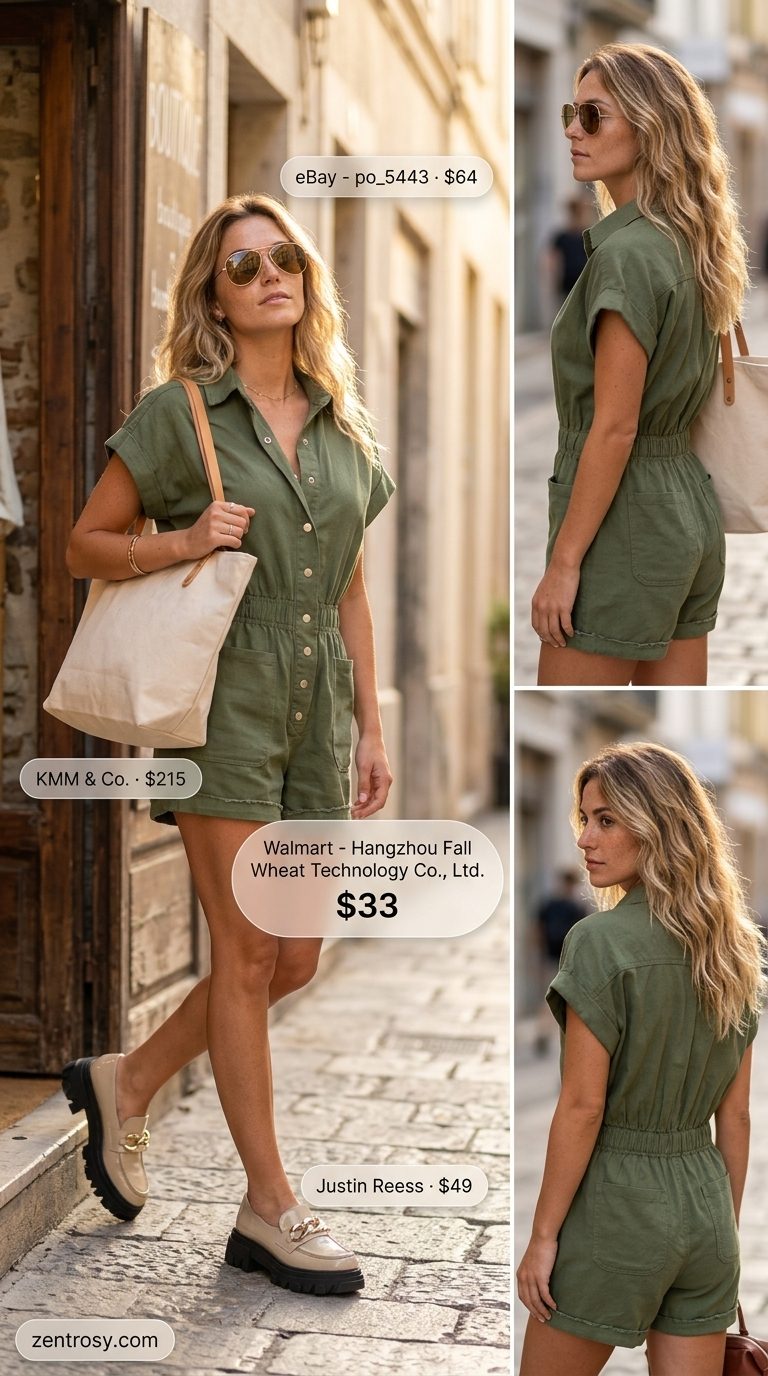 Olive green utility jumpsuit, beige tote & loafers for trending summer fashion outfits for women 2026.