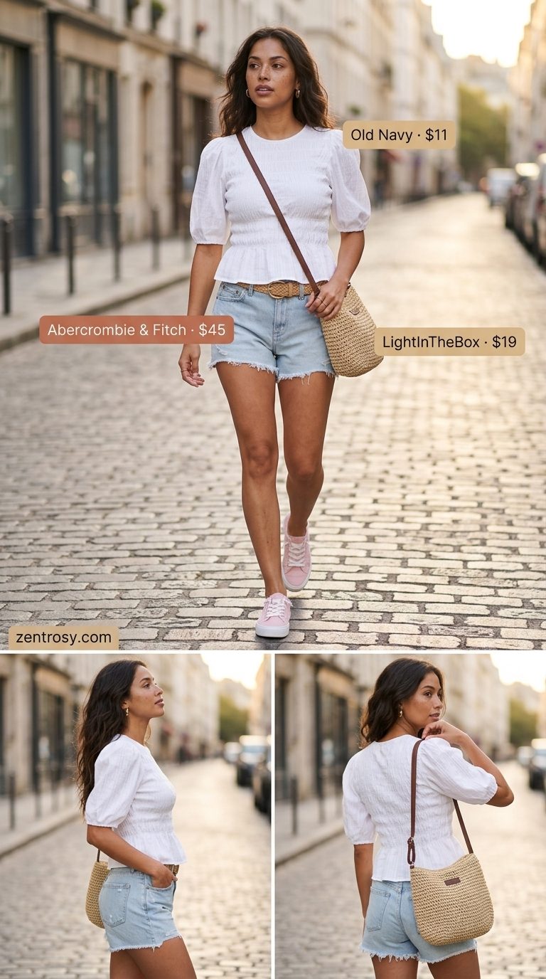 Denim shorts, puff-sleeve blouse, and canvas sneakers for trending summer fashion outfits for women 2026.