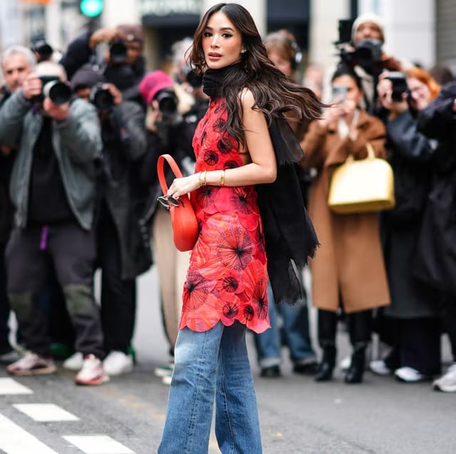Red Floral Applique Dress with Wide-Leg Jeans — Trendy 2000s Outfits Party