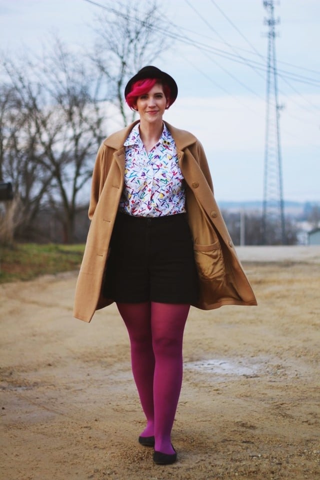 Camel Coat With Patterned Shirt, Shorts, and Magenta Tights — Trendy 80s Outfits